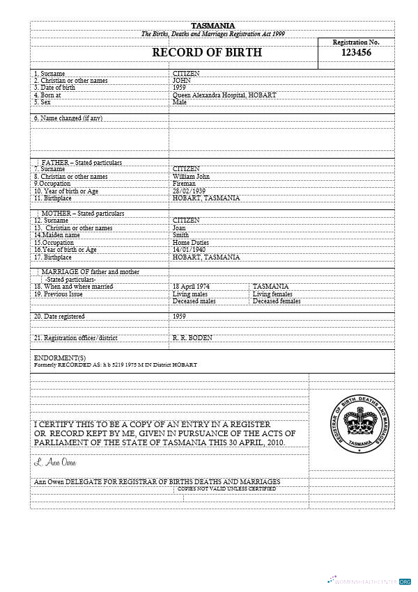 Download Australia Tasmania birth certificate template in Word format Photoshop template